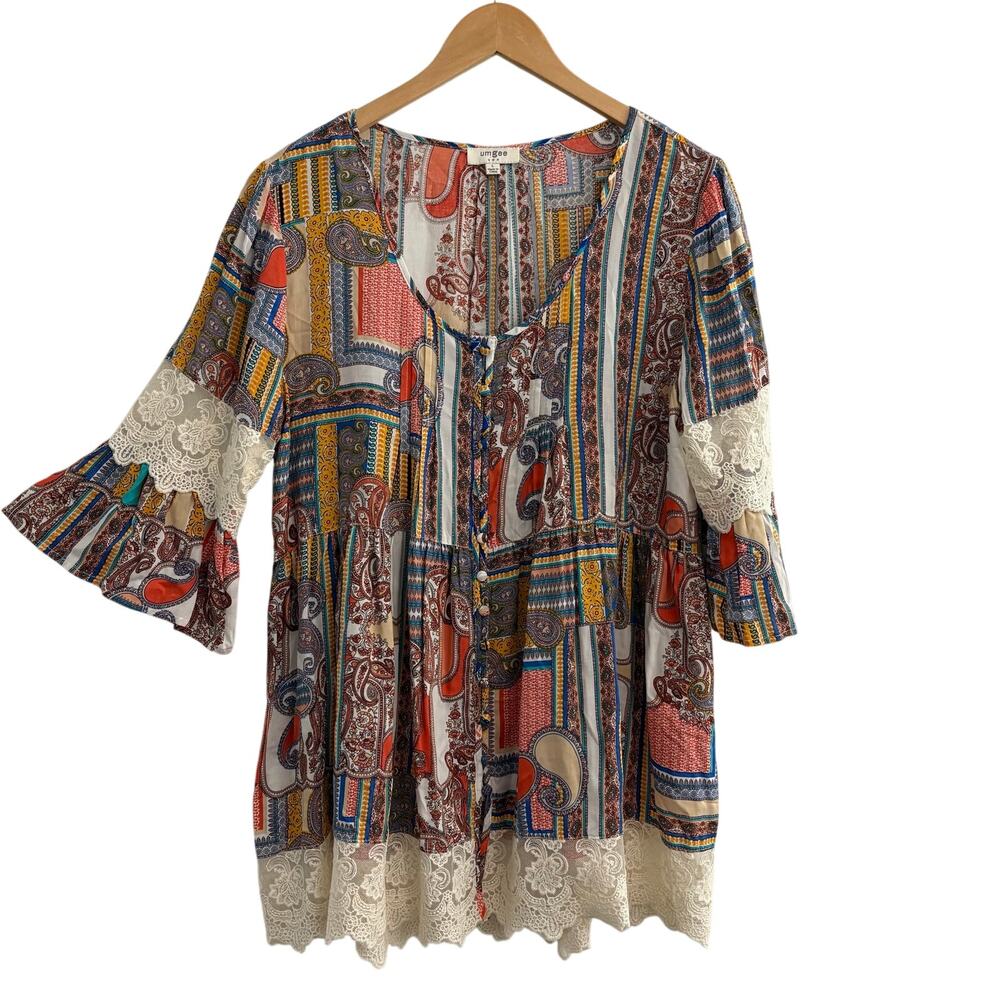 Umgee Patchwork Tunic Lace Trim Bell Sleeve Bohemian Fairy Whimsical Sz Large